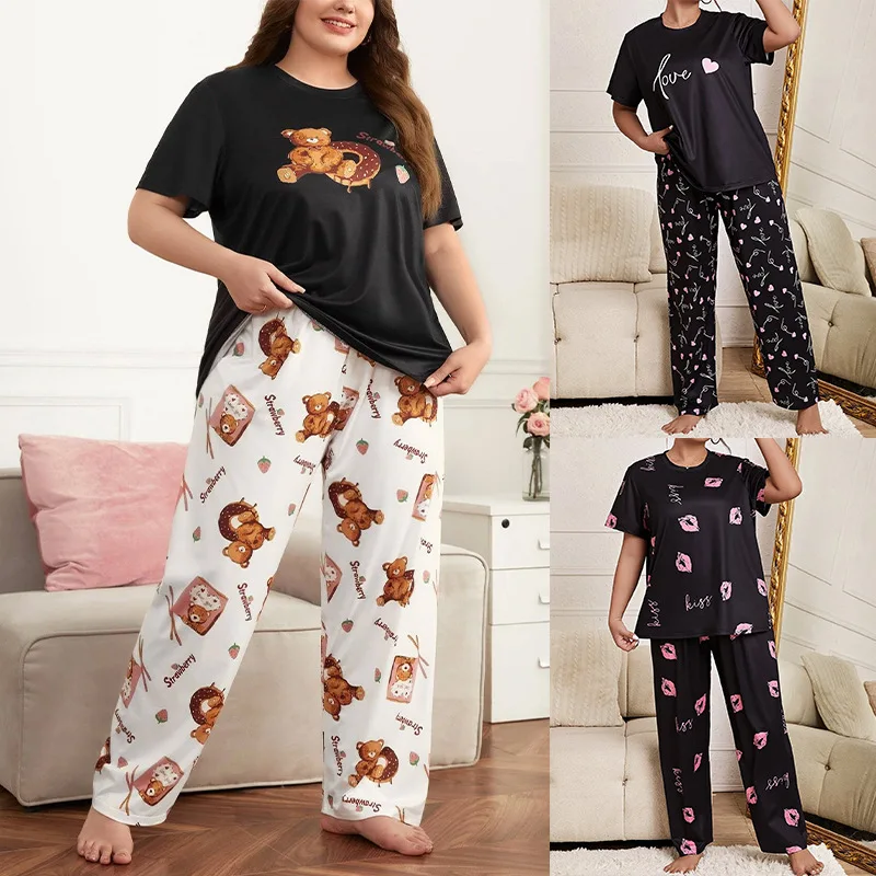 Plus Size 5XL Oversize Women\'s Pajamas Set Cartoon Print Sleepwear Smooth Soft Short-sleeved T-shirt Trousers Nightwear Homewear