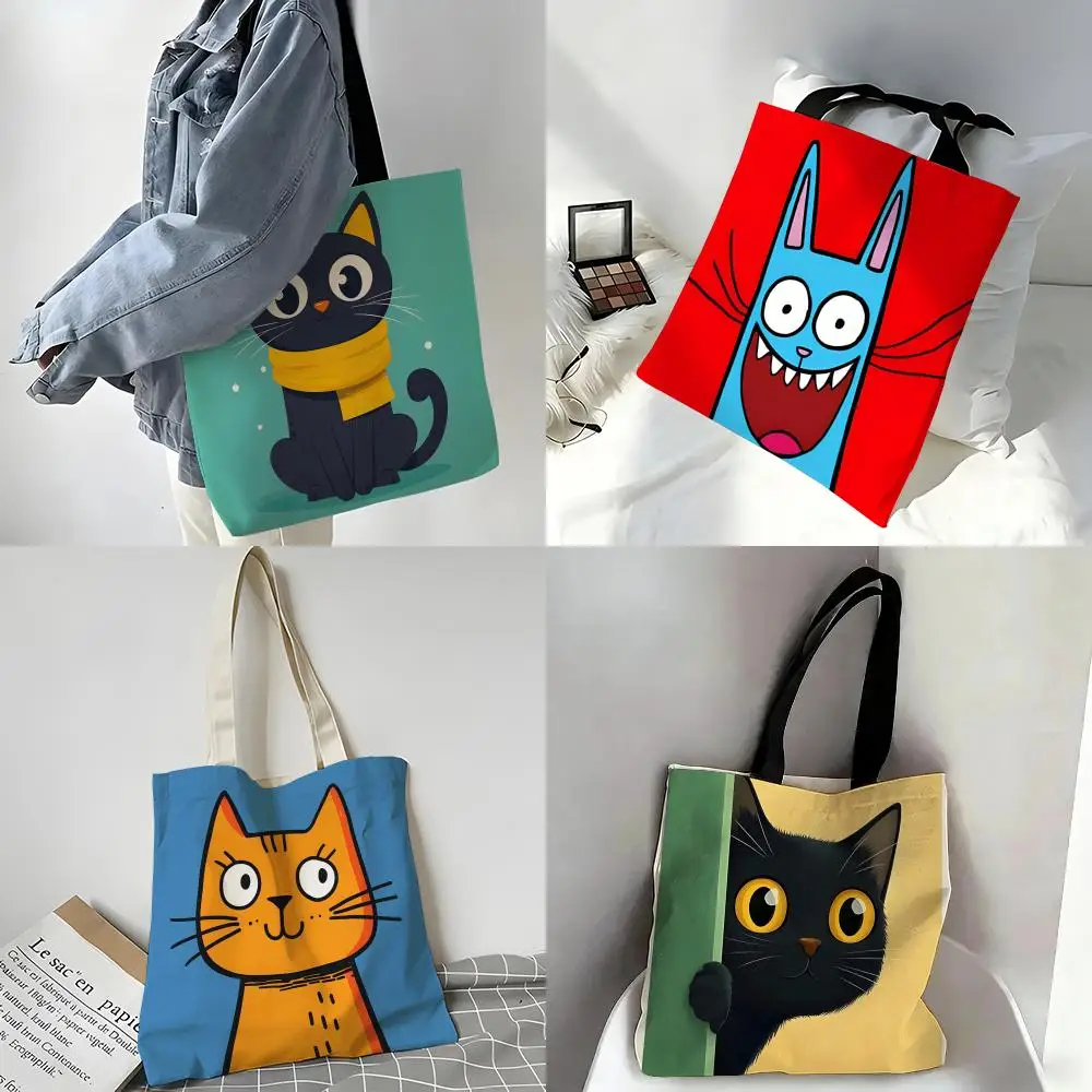 Shocked Funny Cat Meme Pattern Storage Bags Canvas Tote Bag Large Women's Designer Handbags Shopping Bags for Groceries