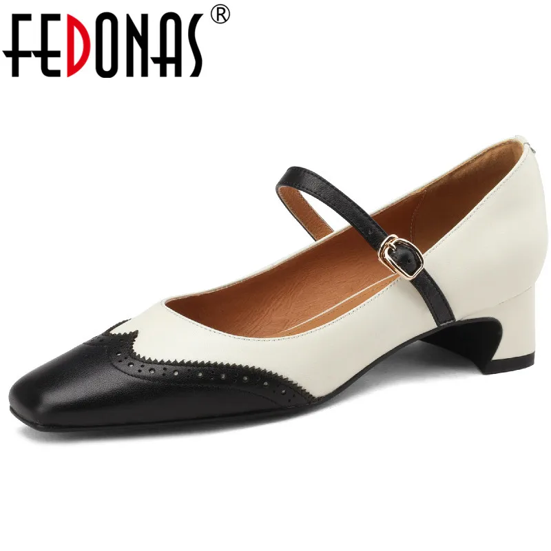 

FEDONAS Vintage Elegant Women Pumps Square Toe Thick Heels Genuine Leather Splicing Mary Janes Shoes Woman Spring Summer Office