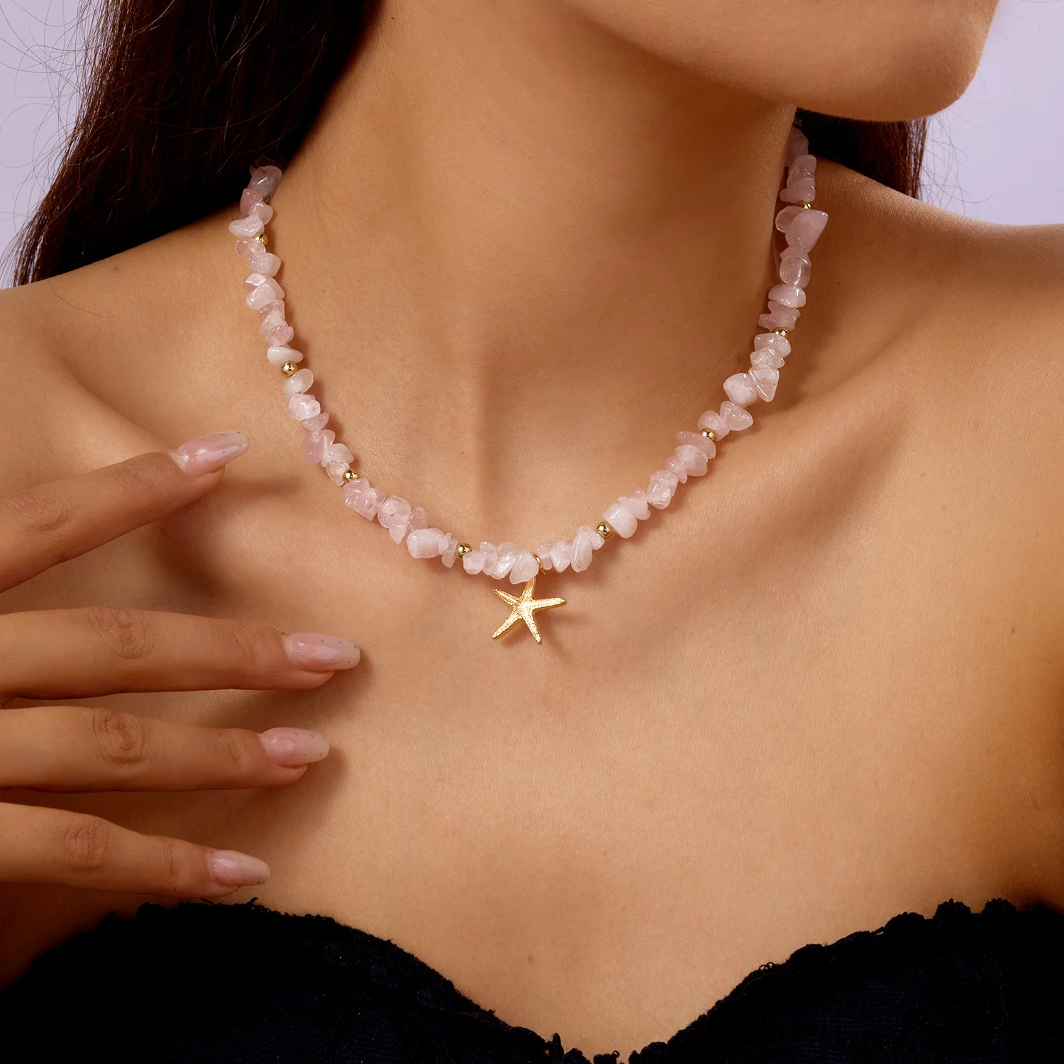 Unregelmäßige bunte Naturstein-Perlen-Halskette für Frauen, handgefertigt, böhmischer Seestern, Schlüsselbeinkette, Strandparty, Charm-Schmuck – Detail 8