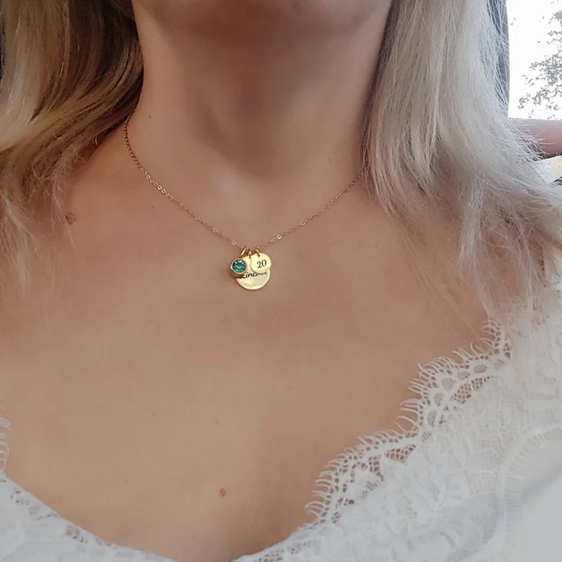 

Customized Stainless Steel Engraved Name Round Pendant with Birthstone Necklace, Customized Birthday Gift\Adult Gift for Friends