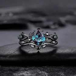 European and American fashion gun black inlaid sea blue zircon women's ring