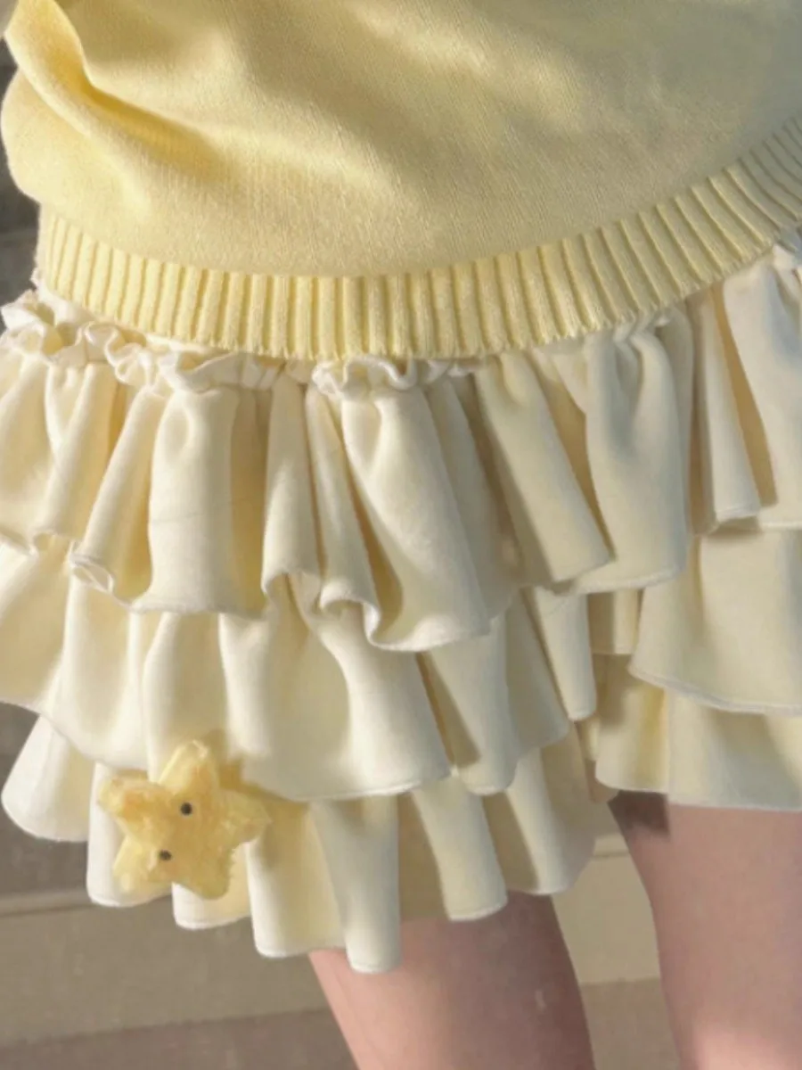 

American Sle Pure Color A-Line ort Skirt with Wood ain Ruffle f-length JK Skirt for Small Stature Trendy Ins