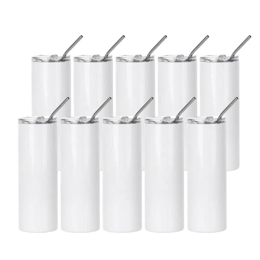 

10 Pack Sublimation Tumblers Bulk Blank 20 OZ Skinny White Stainless Steel Tumbler Cups with Straw and Lid for Mug Tumbler Heat