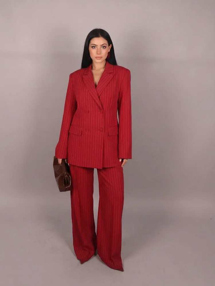 

Casual Striped Blazer Trouser Suits Women Lapel Double-Breasted Jacket Wide Leg Pants Lady Set 2025 Spring 2 Pieces Set Lady