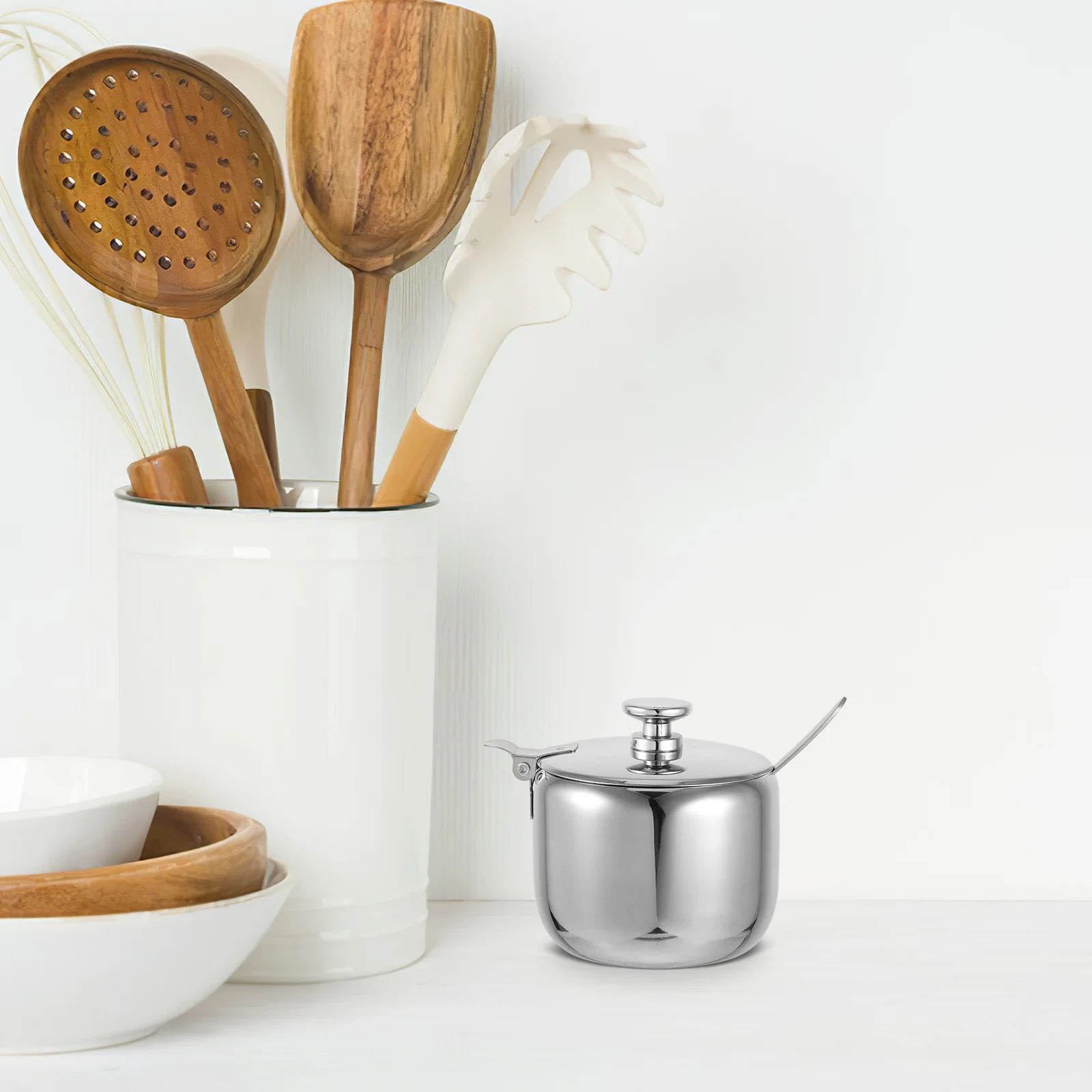

Stainless Steel Condiment Bowl Lid Spoon Round Sugar Container 250ml Kitchen Coffee Tea Storage Airtight Seasoning Box