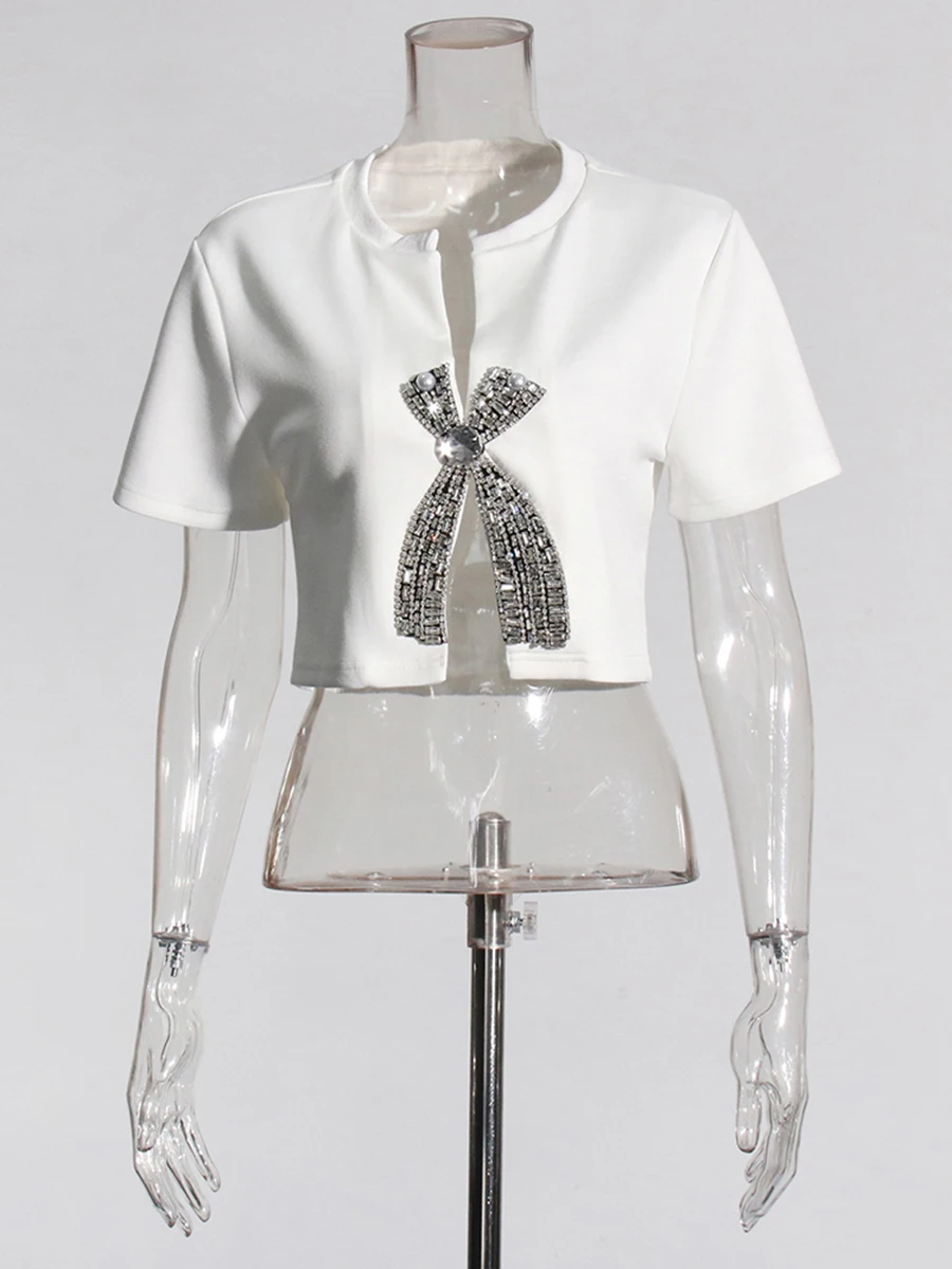 VGH Casual Solid Patchwork Diamanti Split T Shirt per le donne Girocollo Manica corta Dimagrante Minimalista T-shirt Moda femminile