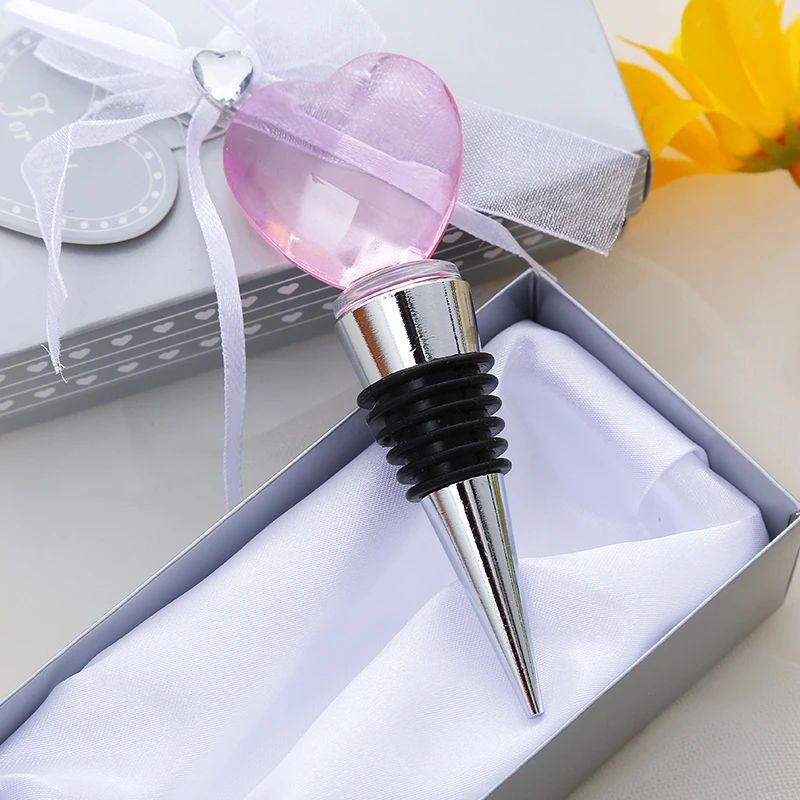 

10PCS x Wholesales Pink Heart Crystal Top Chrome Wine Bottle Stopper in Gift Box Wedding Favors Bridal Showers Party Giveaways
