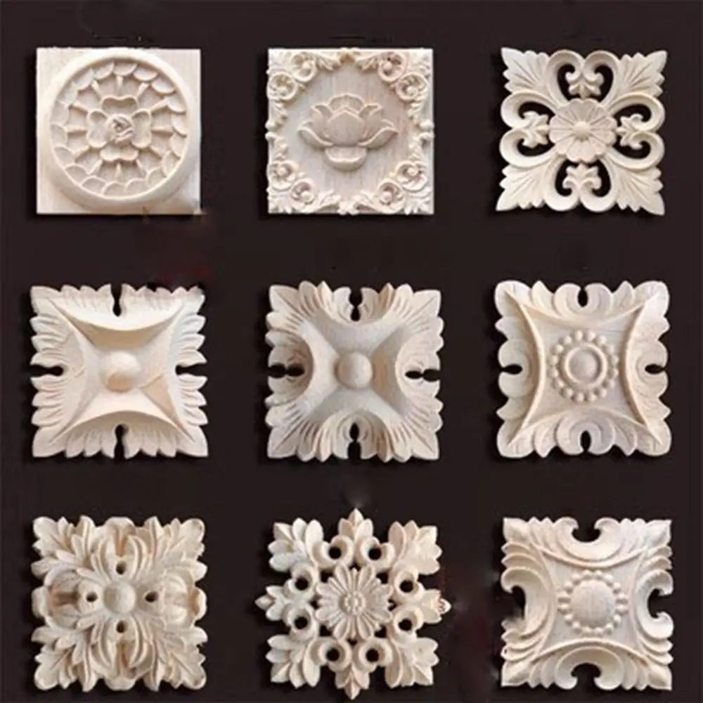 Flower Wood Carving Natural Wood Appliques for Furniture Cabinet Unpainted Wooden Mouldings Decal Decorative Figurines