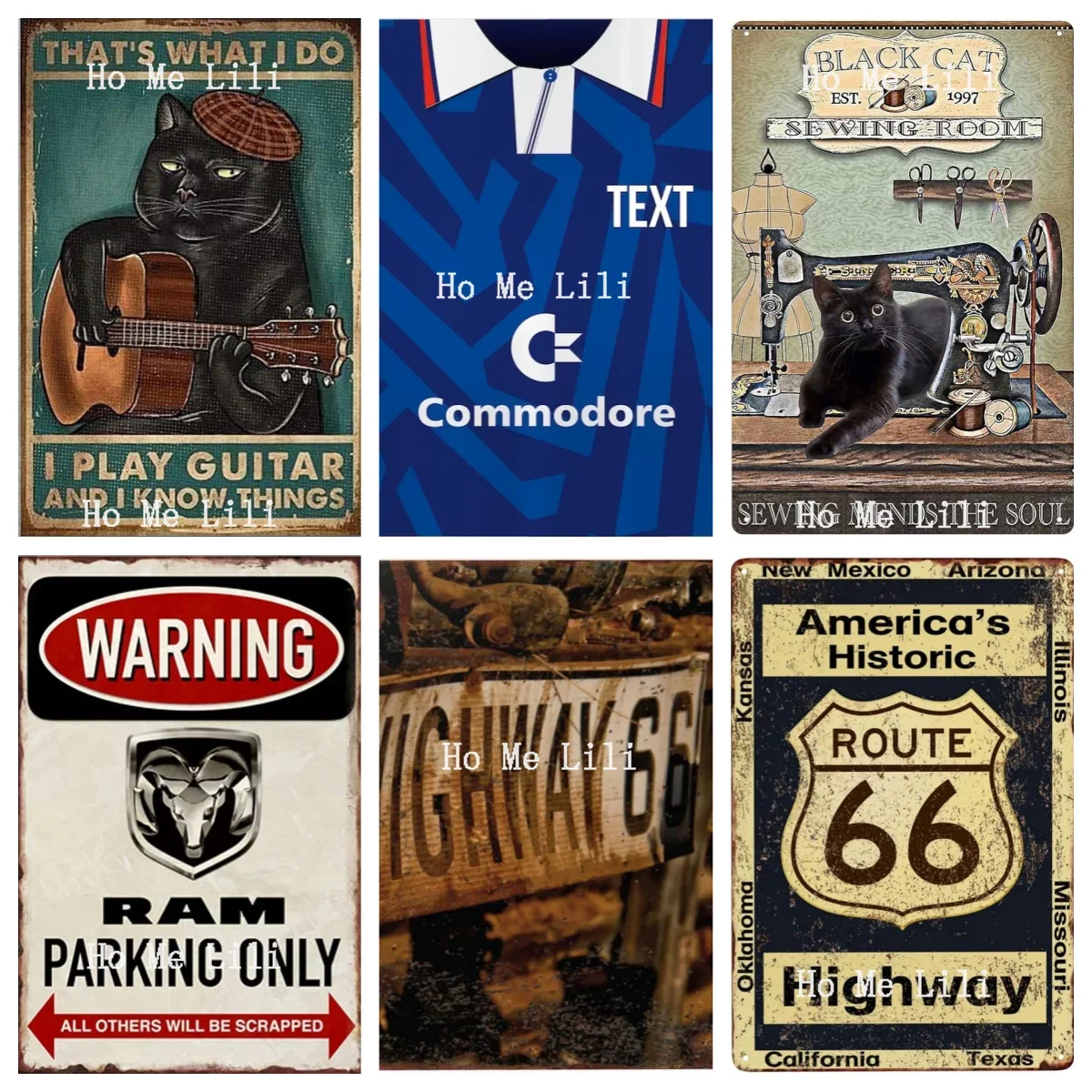 Guitar Playing Cat Critters In Sewing Room 1991 Home Jerseys Warning Rams To Stop On Route 66 Metal Sign Wall Decoration Plaques