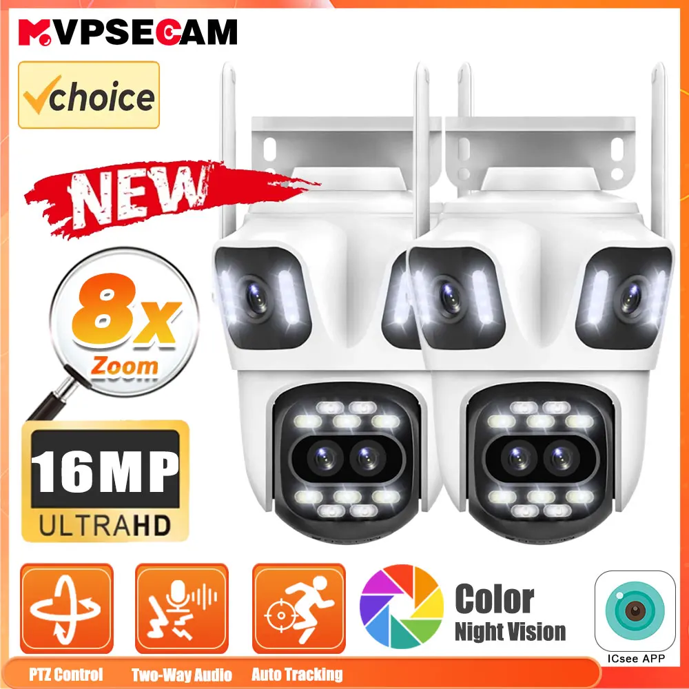 Four Lens PTZ IP Camera Outdoor 8K HD Three Screen WiFi Security Camera 360 Auto Tracking 16MP Smart Wireless CCTV Cameras iCsee