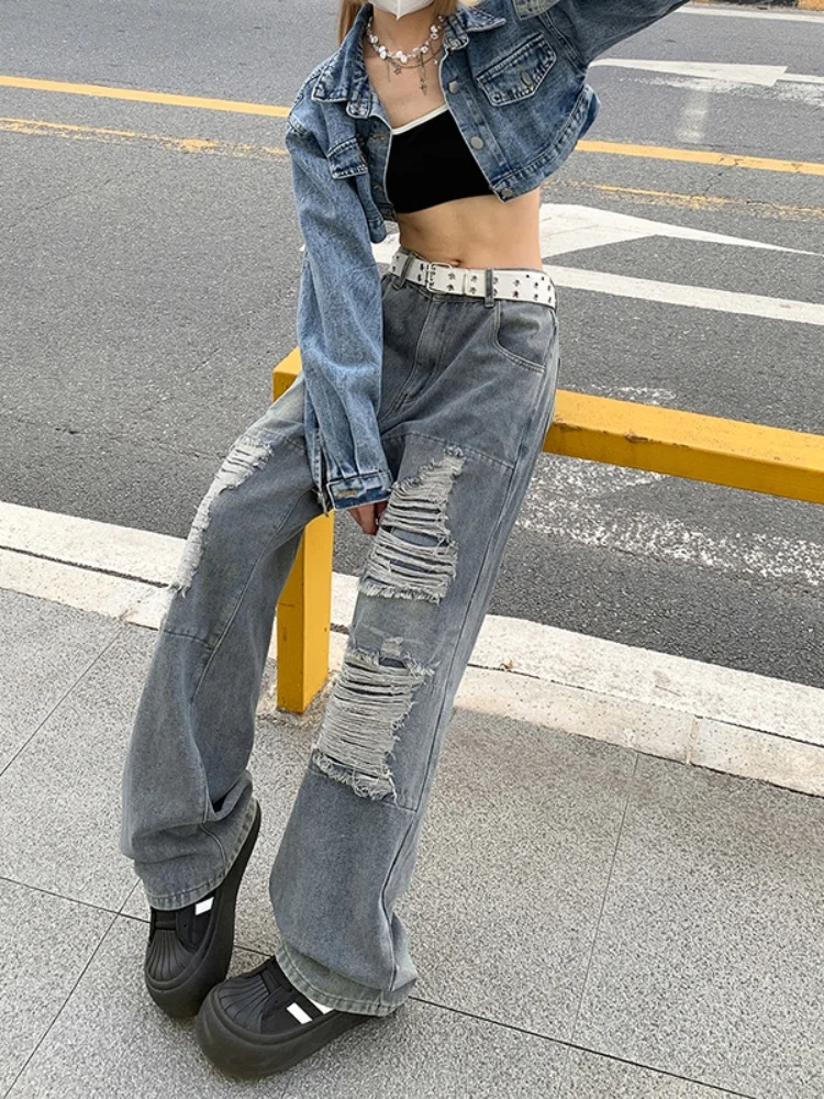 

Модные мужские рваные джинсы свободного прямого кроя, длинные брюки, осенняя новинка, повседневные широкие брюки с эффектом драпировки, деним