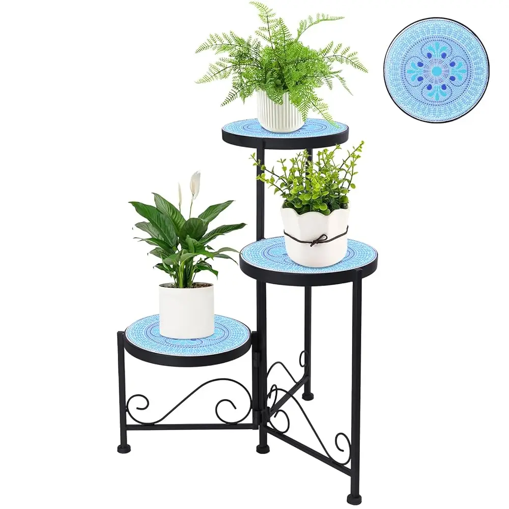 

3 Tier Plant Stand With Mosaic Ceramic Top - Foldable 3 Tier Plant Stand, Durable Indoor & Outdoor Plant Shelf For Pots,