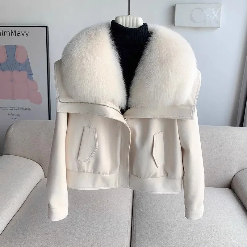المرأة الراقية الثعلب الفراء بولي Leather سترة جلدية فضفاضة تناسب الفراء طوق معطف قصير دافئ الخريف الشتاء موضة أبلى