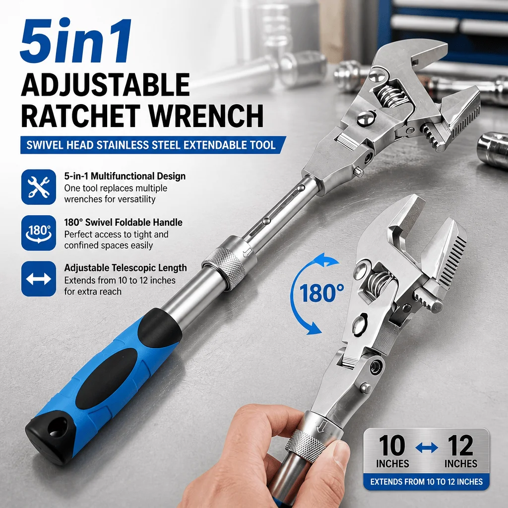 5 In 1 Adjustable Ratchet Wrench Swivel Head Foldable Handle Extendable Spanner Chrome Molybdenum Steel Heavy Duty Mechanics