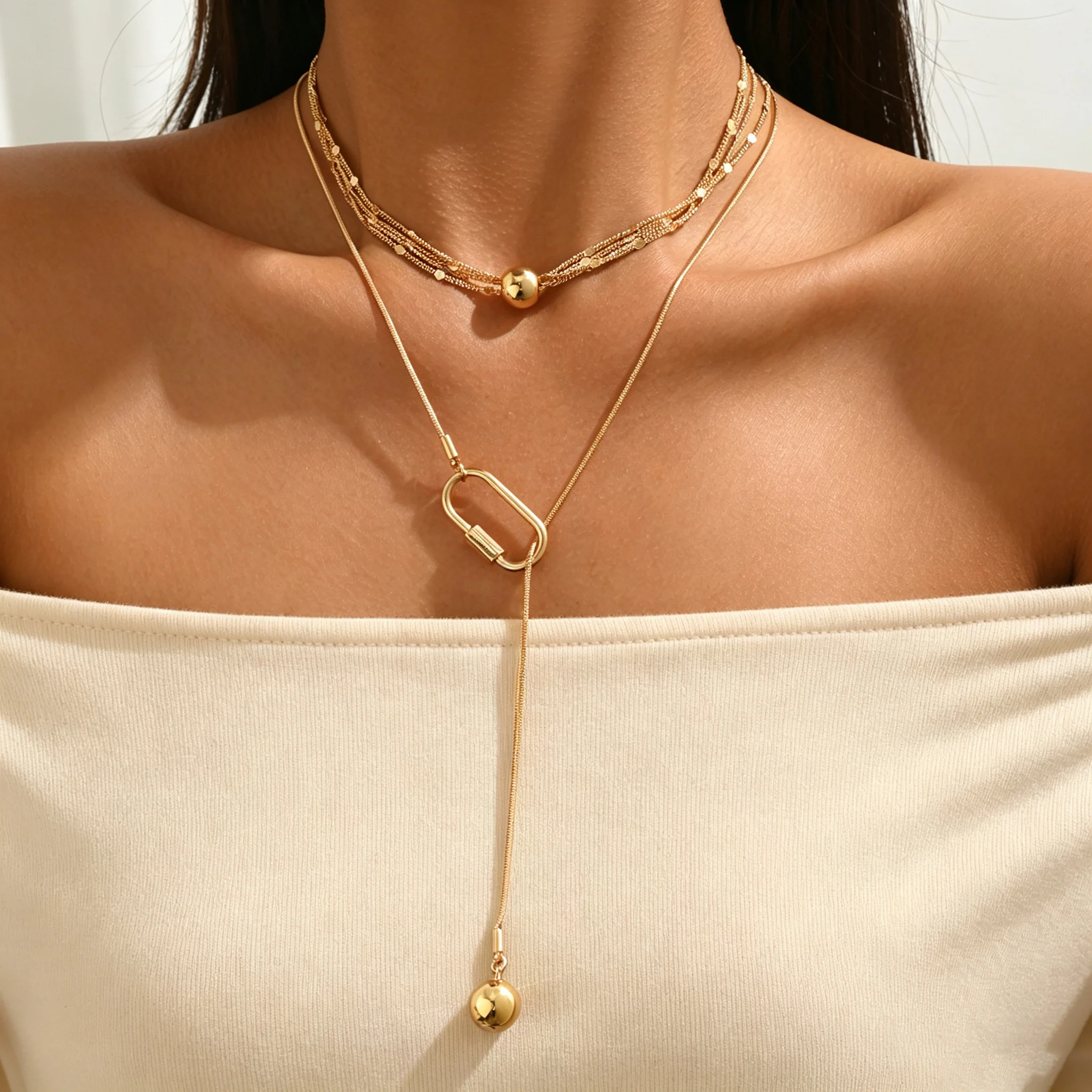2 Layer Gold Stack Necklace Multi Sequin Choker Oval Carabiner Y Lariat Ball Pendant Adjustable Women Minimalist Neck Jewelry