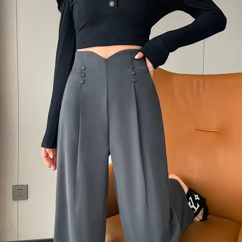 Grey Wide Leg Pants for Women in Spring and Autumn 2024 New Slim and Casual Suit Pants High-end Hanging Straight Leg Floor Pants