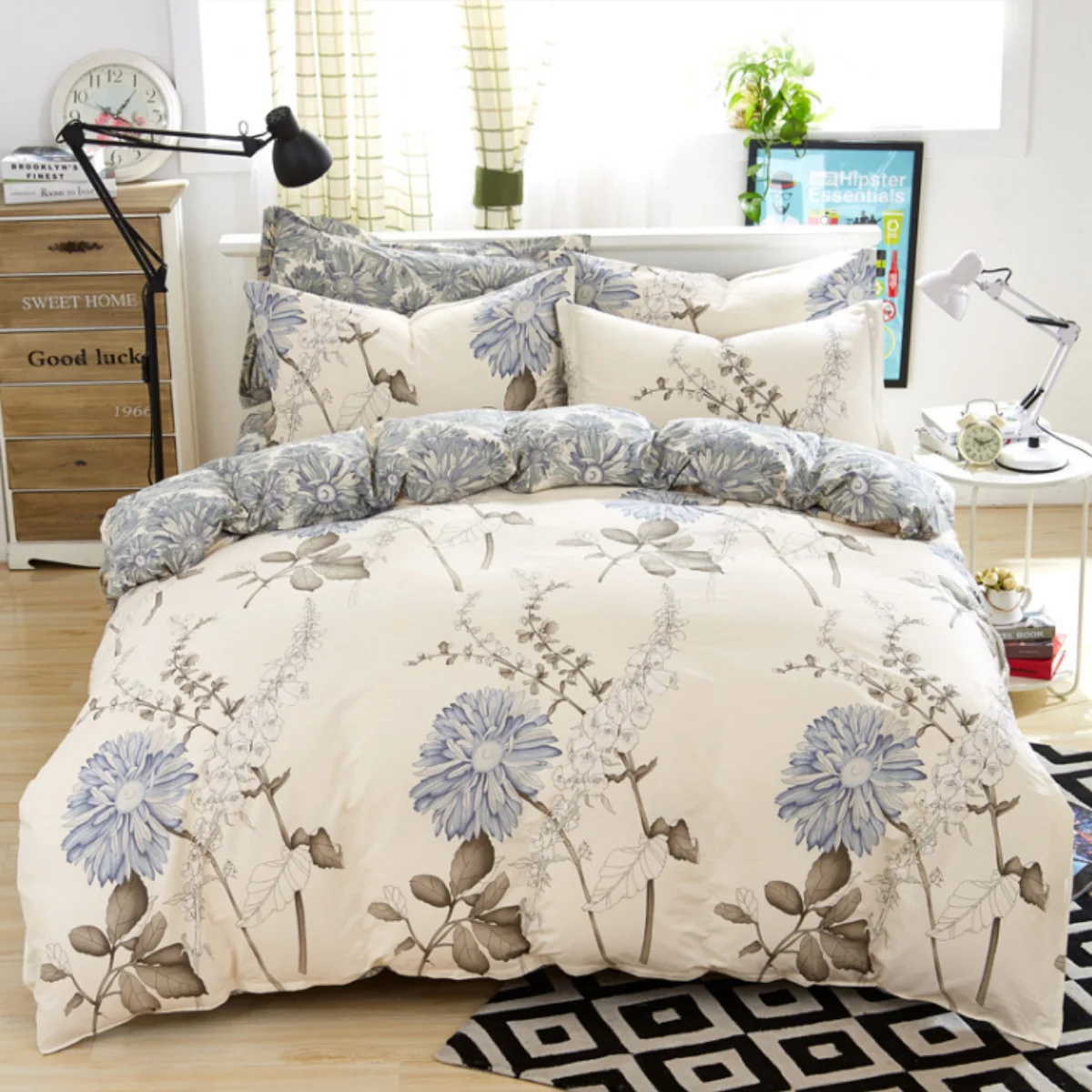 Imagem -03 - Conjuntos de Cama de Planta Flor Azul Capa de Edredão Floral Reversível e Fronhas Poliéster Colcha com Zíper Clássico Pcs