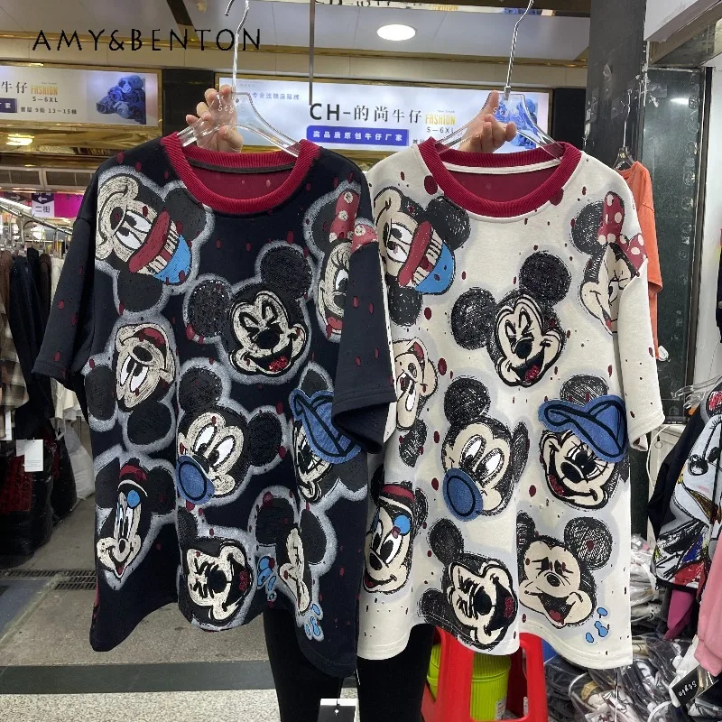 

Осень-зима 2021, модная футболка с рваной мультяшной головой и короткими рукавами, женские свободные повседневные универсальные футболки