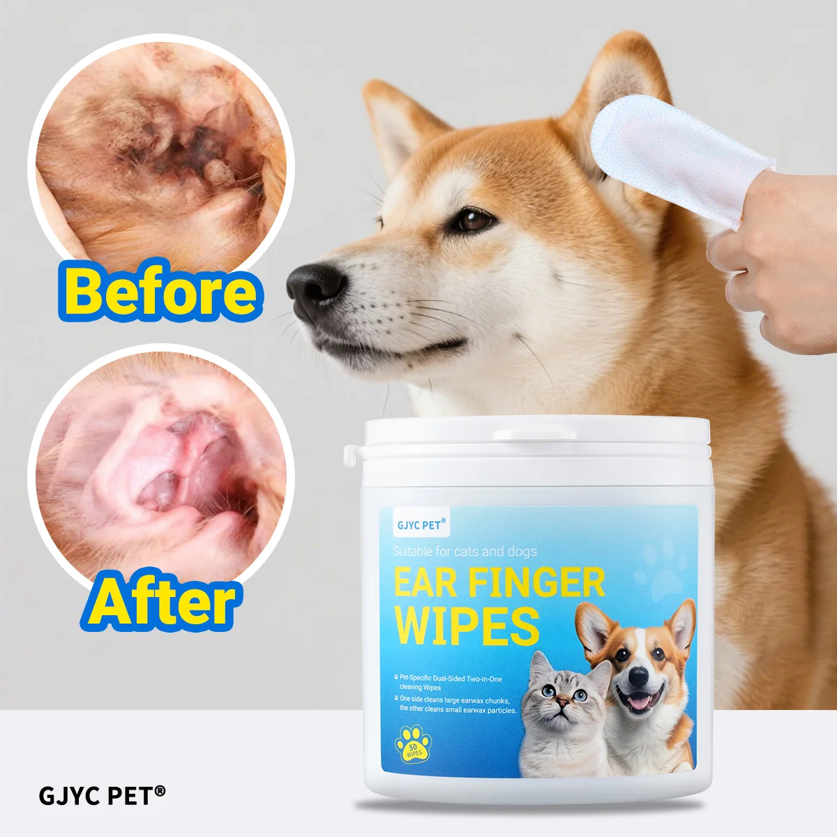Pet Ear Cleaning Finger Wipes Dual 3D Texture Dogs Cats Gentle Non-Irritating Disposable Ear Wax & Odor Remover Grooming Care