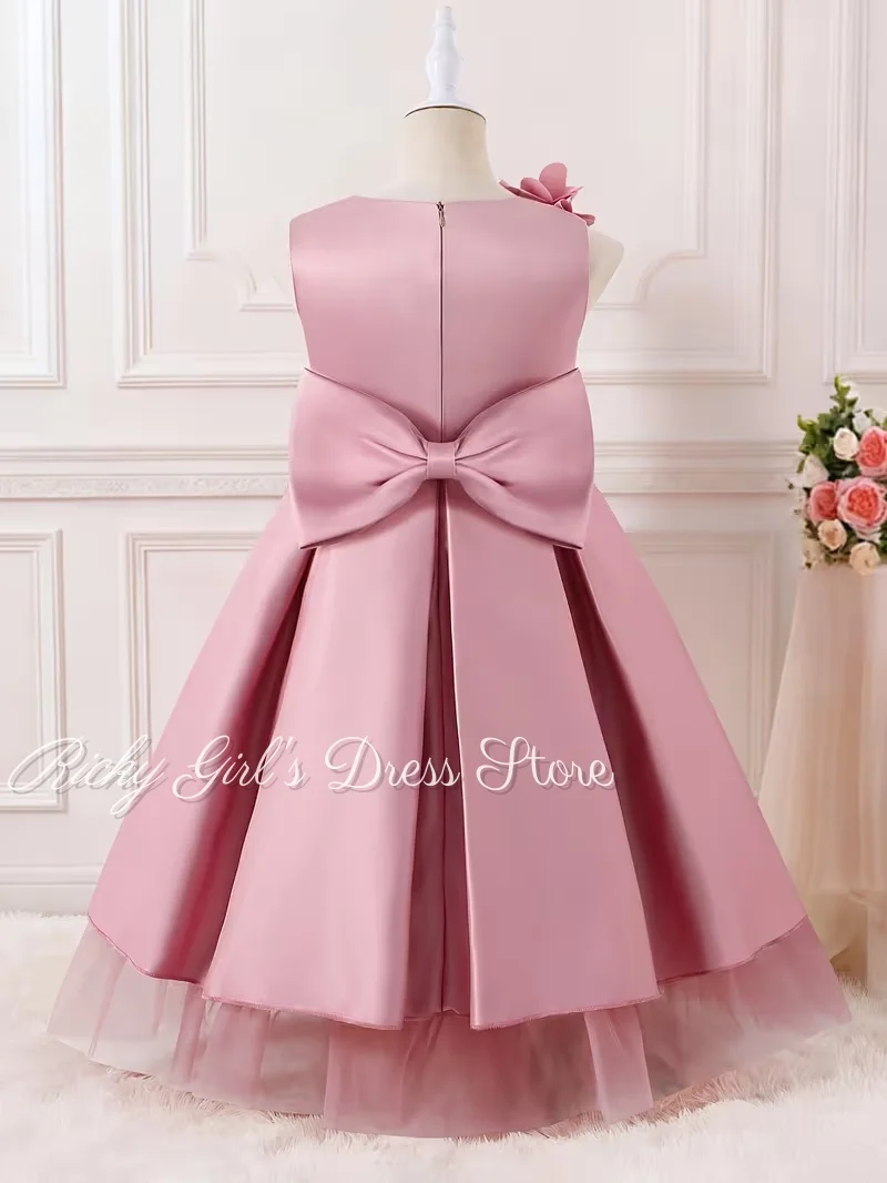 Elegant Sleeveless 3D Flowers Satin Pink Flower Girl Dress for Wedding Ceremonies Dance Performances Formal Receptions Party