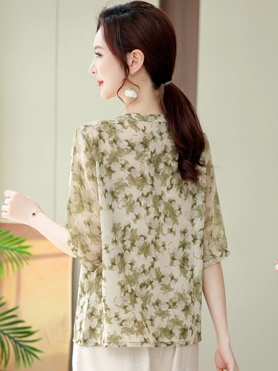 

Faionable Summer irt for Mom 5/8 Sve, шифоновый свободный крой с цветочным принтом, женский топ среднего возраста и ли, китайский слэ