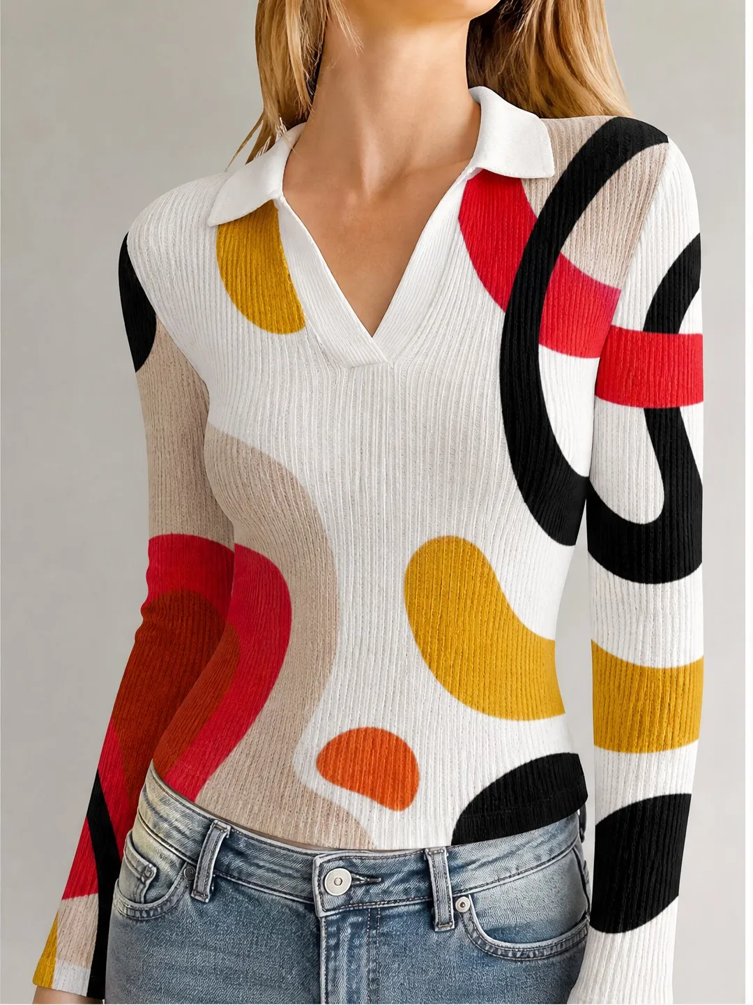Chic Womens Polo Collar V Neck Ribbed Knit Cropped Top Figure Flattering Long Sleeve Pullover for Vintage Inspired Looks Comfort