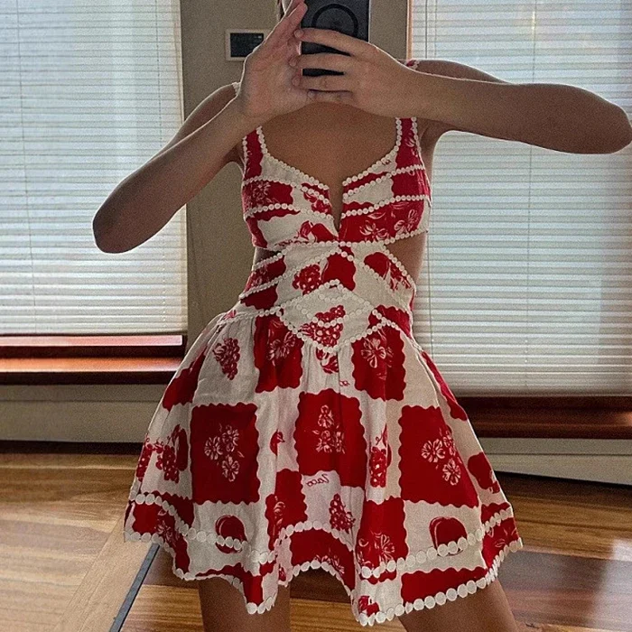 Summer Women Dresses  Patchwork Bright Line Decoration Sleeveless Sweetheart Neck Cut-Out Bohemian Chic Dresses