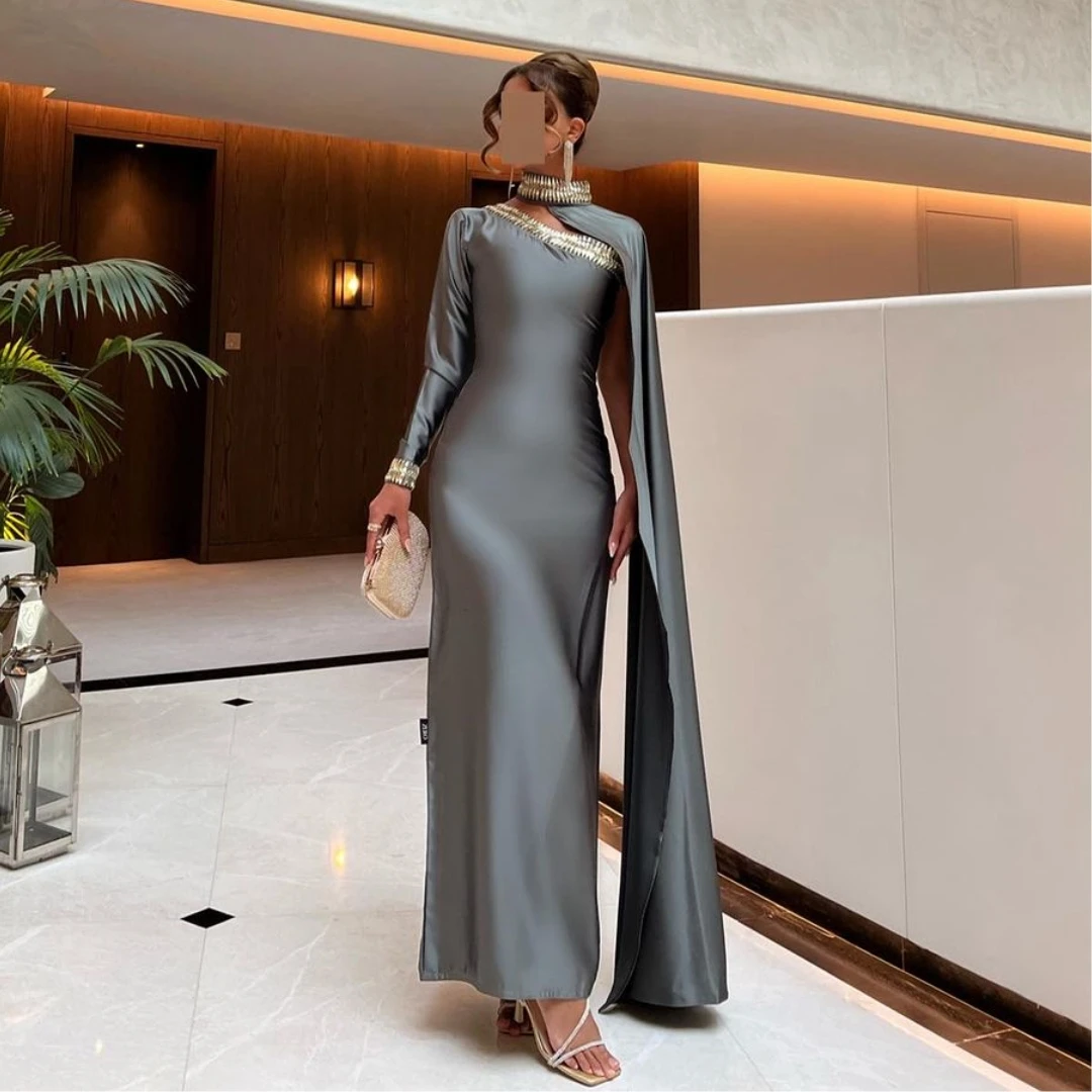 

Classical Grey Saudi Arabia Women Wear Dresses Women Evening Party One Shoulder Long Sleeve Prom Dress Crystal Wrap Vestidos Des