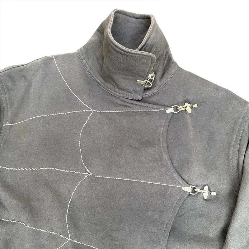 Street retro cobweb pattern turtleneck design airplane buckle metal decoration autumn and winter warm unisex sweater coat.