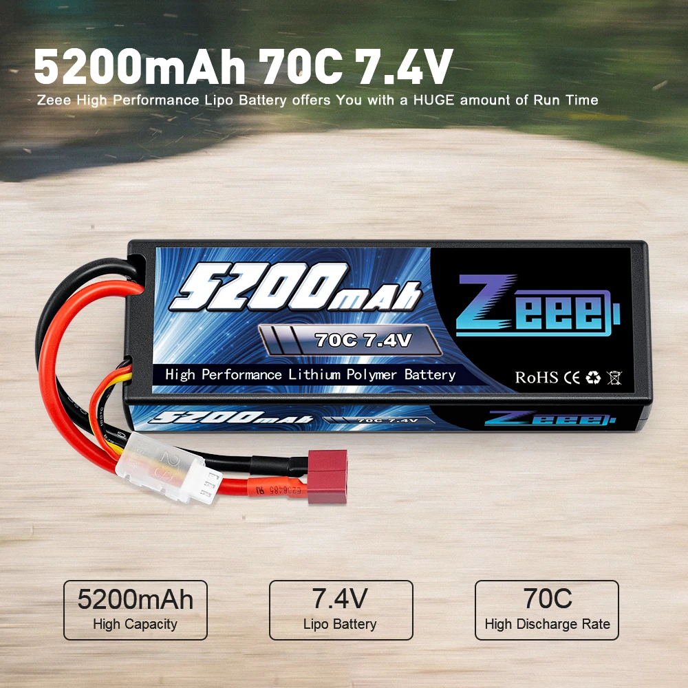 Zeee 2S Lipo Battery 7.4V 70C 5200mAh Hardcase with Deans Plug for 1/10 RC Car Trucks Boats Heli Drone FPV RC Racer Hobby Parts