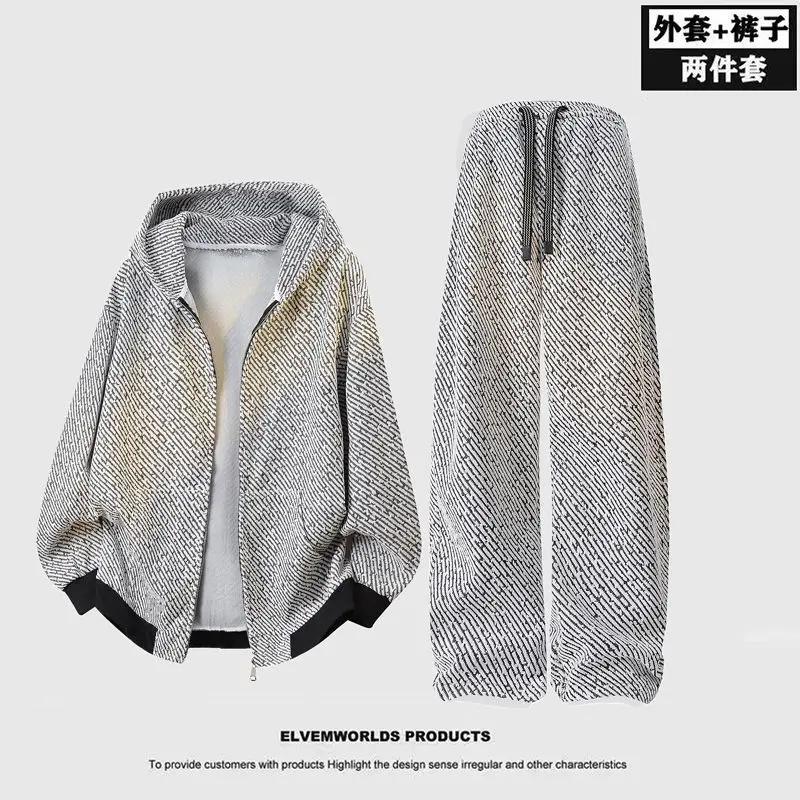Men American Retro Full Print Tracksuit Zip Hoodie Jacket Loose Sweatpants 2 Piece Casual Outfit
