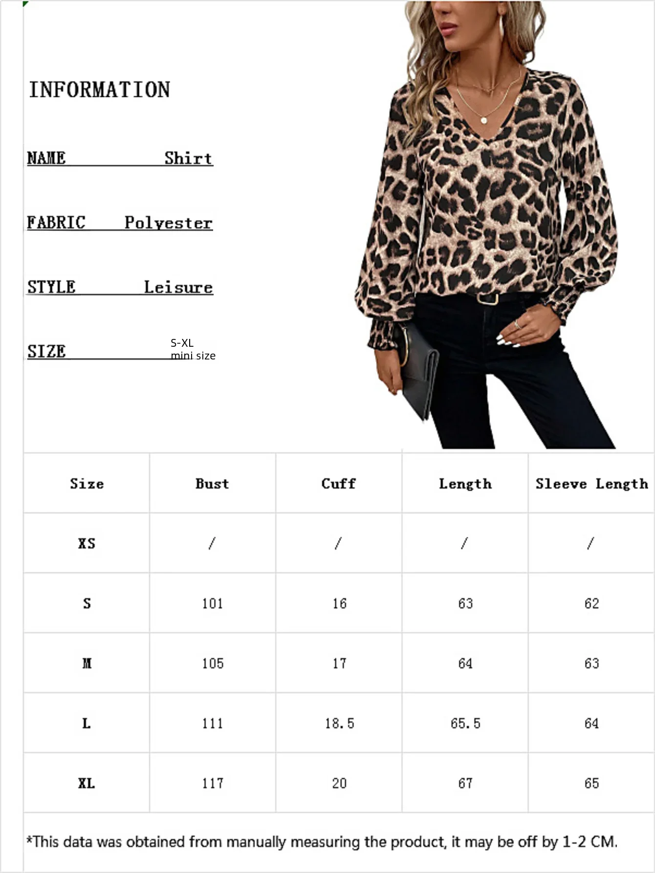 Leopard print top for women loose casual shirt V-neck long sleeve Western style office new spring summer