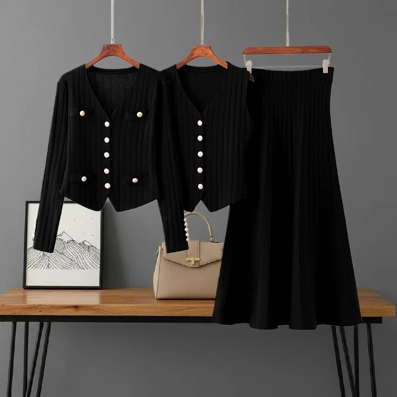 

Элегантный шикарный комплект из трех предметов: облегающая юбка, свитер и вязаный кардиган-жилет для женщин, осень-лето, новинка