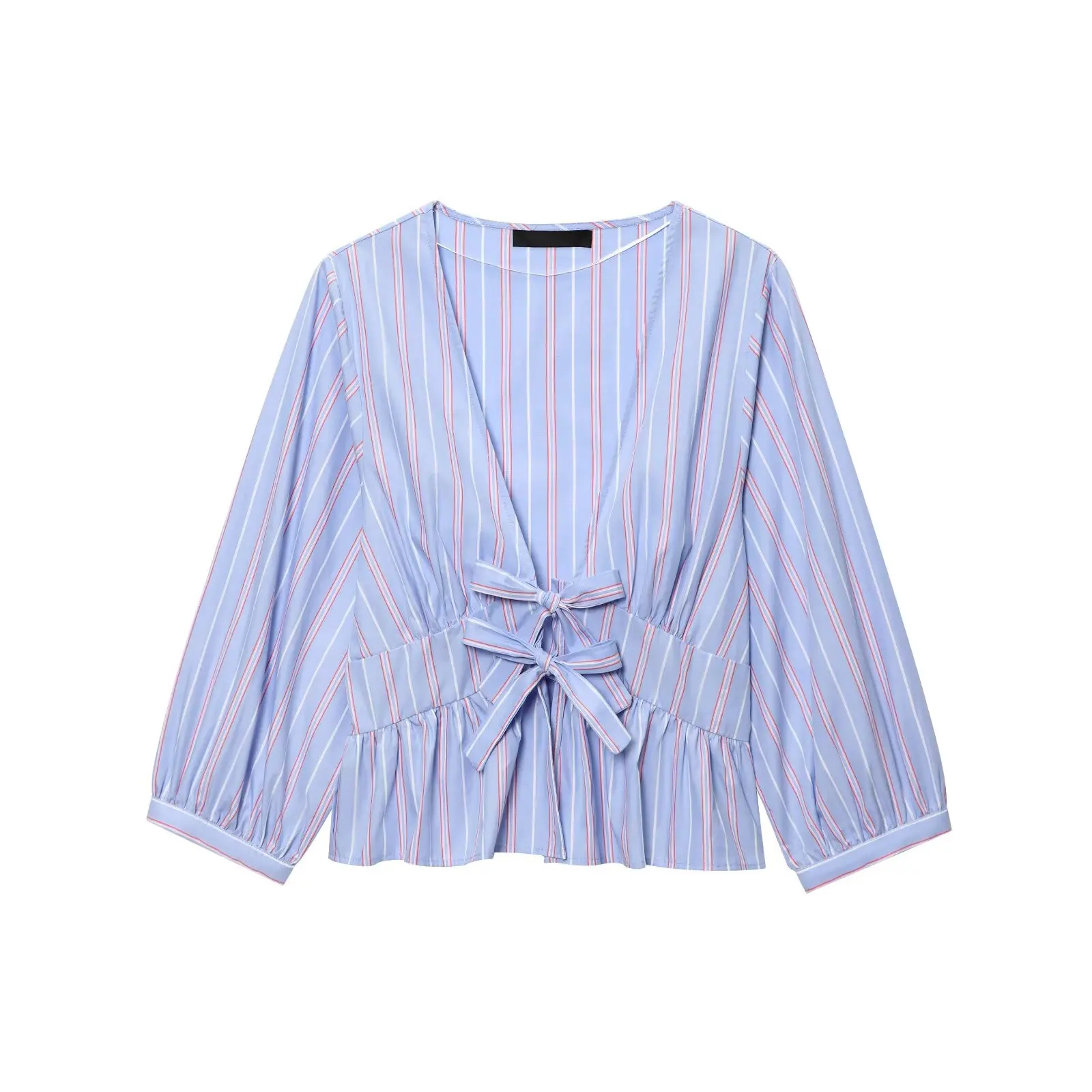 Lente Nieuwe Sle Dames irt met Knoop Streeppatroon Casual Loose Fit Lang Sve V-Ne Polyestervezel Meisjes...