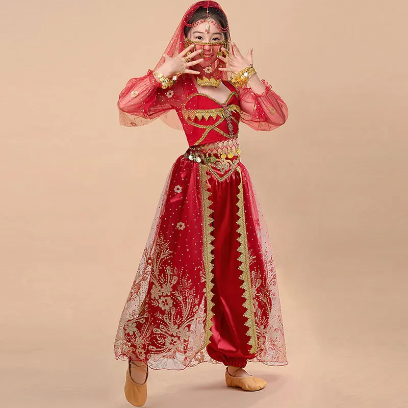 女の子サリープリンセスベリーダンス衣装セット子供インドパーティーステージパフォーマンスファンタジースーツアラビアハロウィンボリウッドダンスウェア