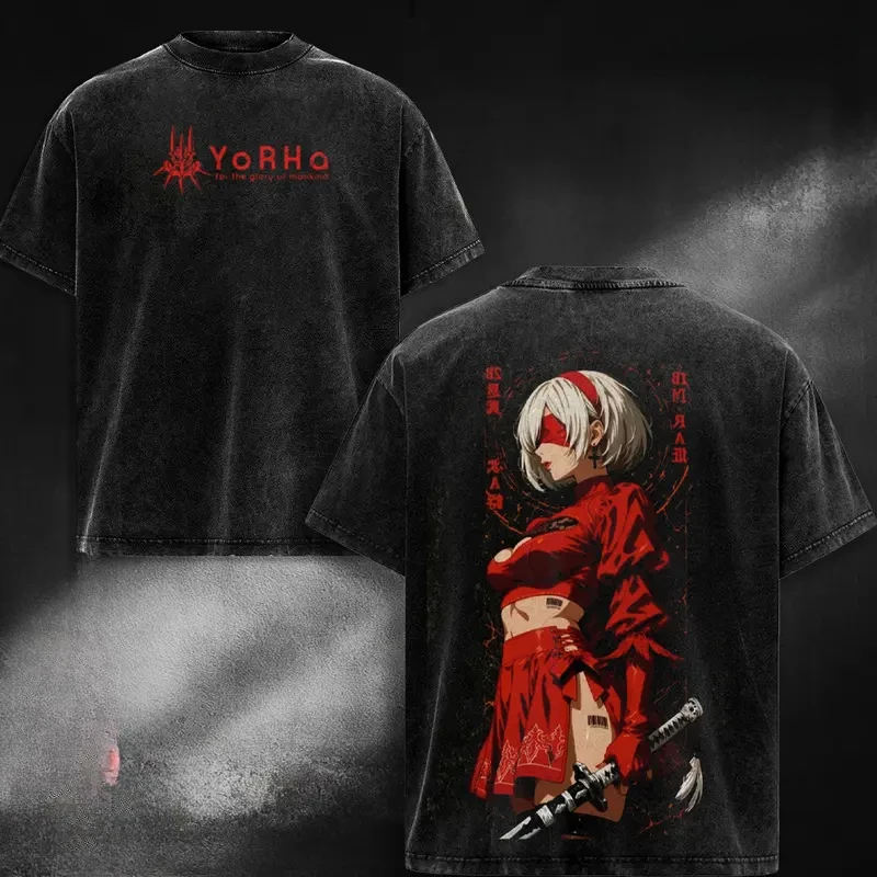 NieR Automata YoRHa No.2 Type B Printed Tee Men Women Short Sleeve Cotton Tshirts Vintage Washed Streetwear Oversized T Shirt