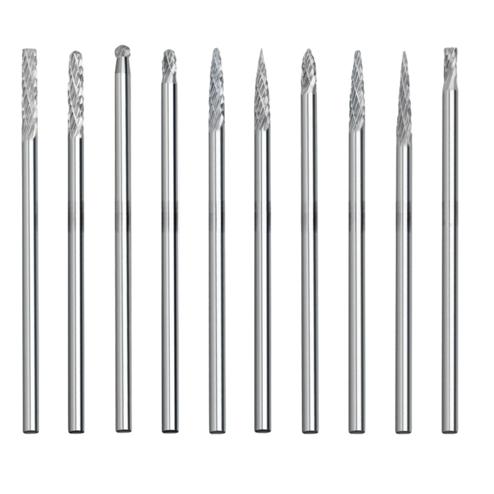 10pcs Double Cut Rotary Burrs 3mm Shank Carbide Rotary File Set for Milling Carving Deburring on Cast Iron Steel Aluminum