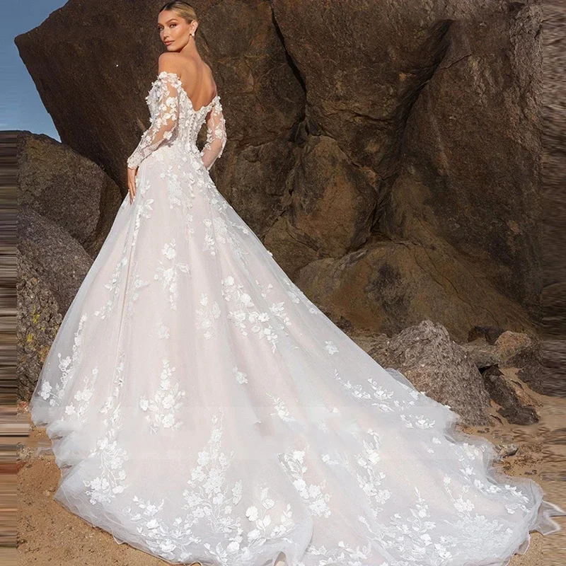 Flavinke カスタマイズされた V ネックのウェディングドレス オーガンザ A ライン フロアレングス ボールガウン フルスリーブ ブライダル ボタン ローブ デ マリー