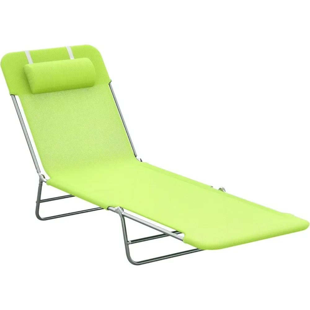 

Folding Chaise Lounge Pool Chairs, Sun Tanning Chairs with Pillow, Reclining Back, Steel Frame & Breathable Mesh, Sun Loungers