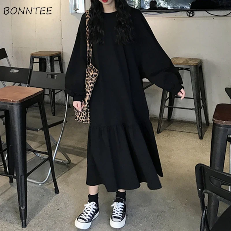 Dress Women Newest Vestidos Charm Autumn Long Sleeve Ladies Mid-calf Loose Popular Daily Pure Vintage Black Simple Schoolgirls