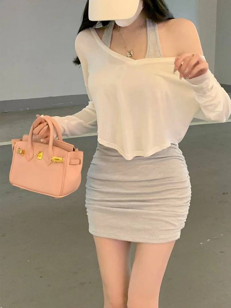 

Women's Summer Two Piece Outfit Bodycon Halter Neck Dress Lightweight Hooded Sun Shirt Casual Beach Party Wear Slim Fit Stylish