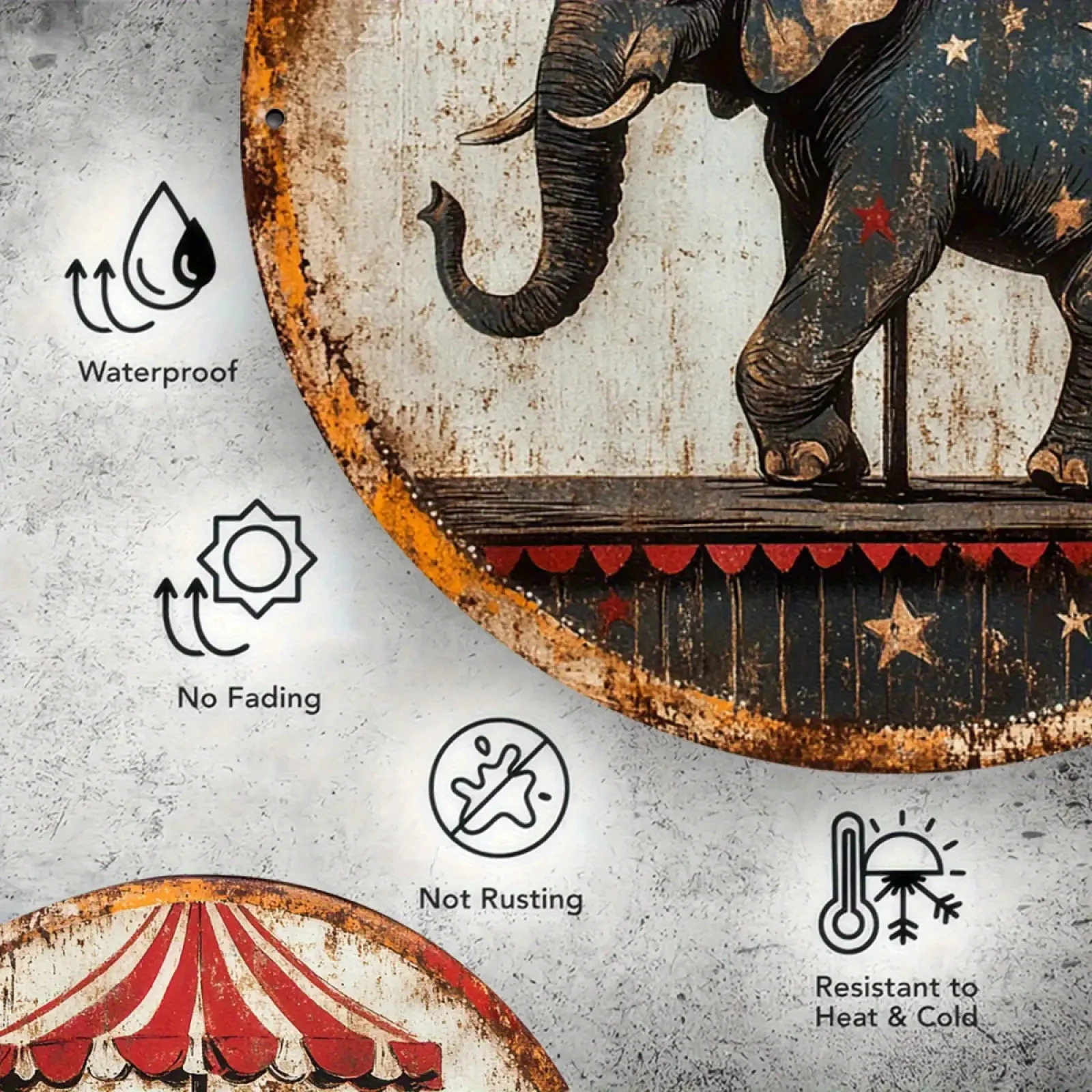 2D Flat, Vintage Circus Wall Art with Elephant & Stars Stripes - Retro Metal Carnival Decor, 20x20cm (8