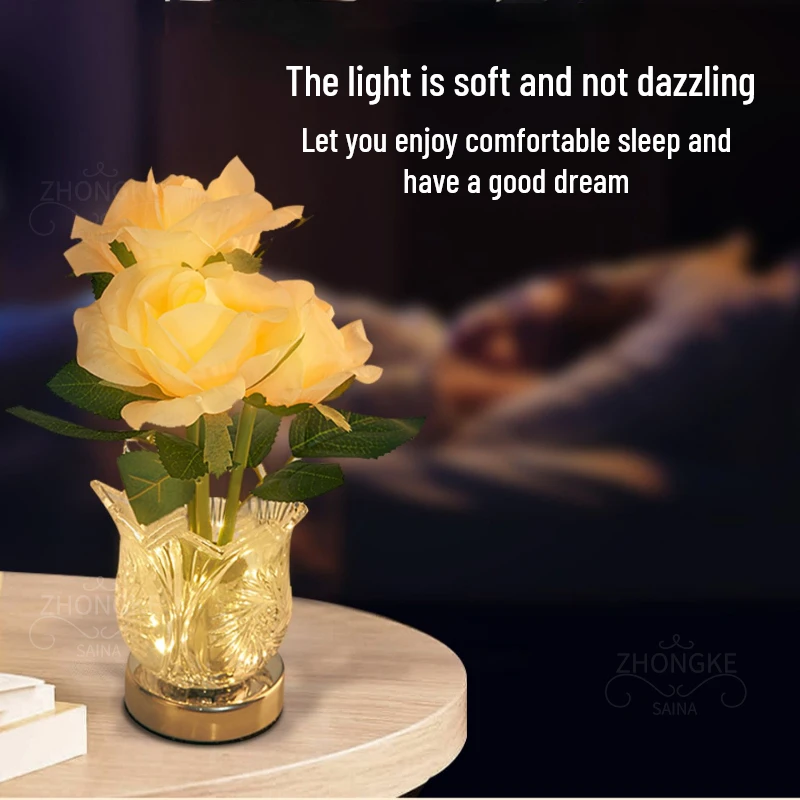 Desk Decoration Led Rose Night Light Rechargeable Crystal Flowerpot Lamp Touch Dimming Bouquet Home DecorationTable Lamp Gift