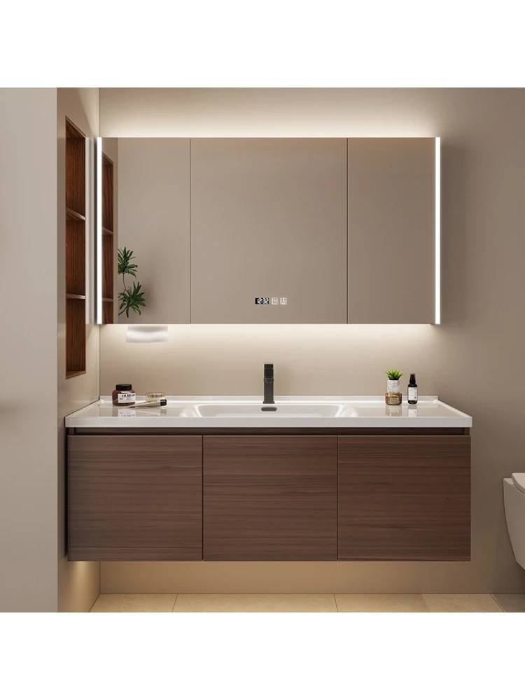 

New Chinese walnut bathroom cabinet solid wood washbasin ceramic integrated washbasin