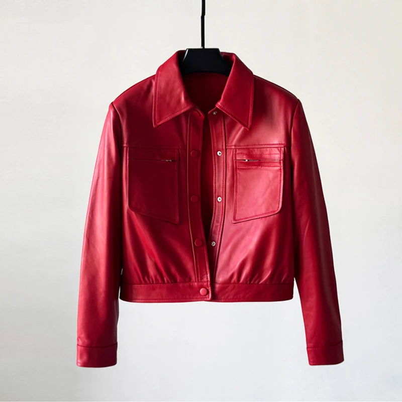 4 colori casual corti giacche in vera pelle per le donne 2025 autunno risvolto femminile nero / rosa manica lunga giacca di pelle di pecora cappotti
