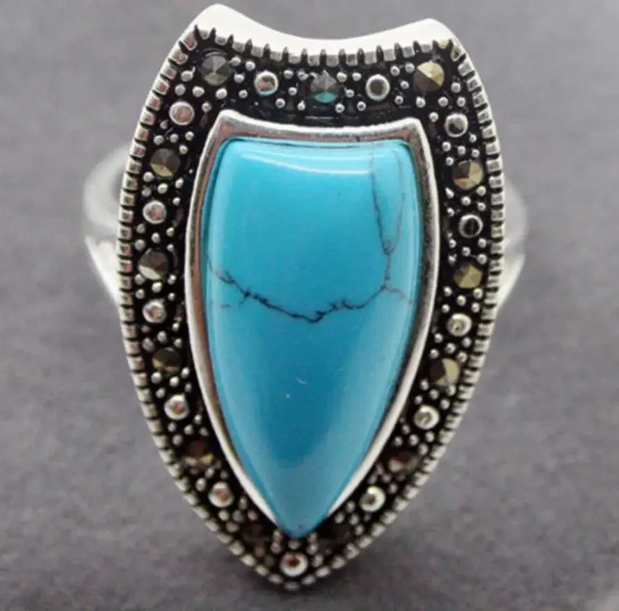 Fashion jewelry  wholesale good Real 26X14MM Blue Turquoises stone Marcasite 925 STERLING SILVER RING Size US 7 8 9