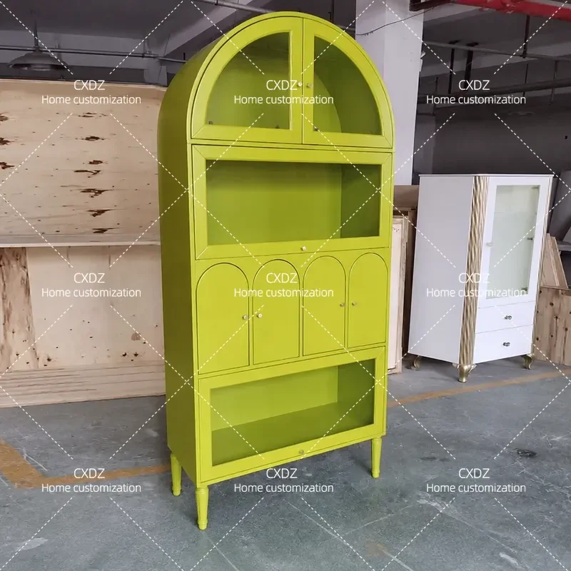 Solid Wood Bookcase Light Luxury Floor Bookshelf Wine Cabinet Black Dining Side Cabinet Retro Arched Decorative Cabinet