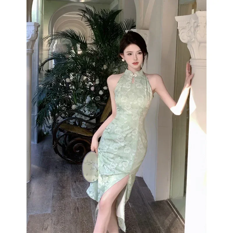 

Elegant Cheongsams Long Banquet Gown Green Sleeveless Qipao Sexy Print Floral Chinese Style Dresses Casual Vestidos Dress