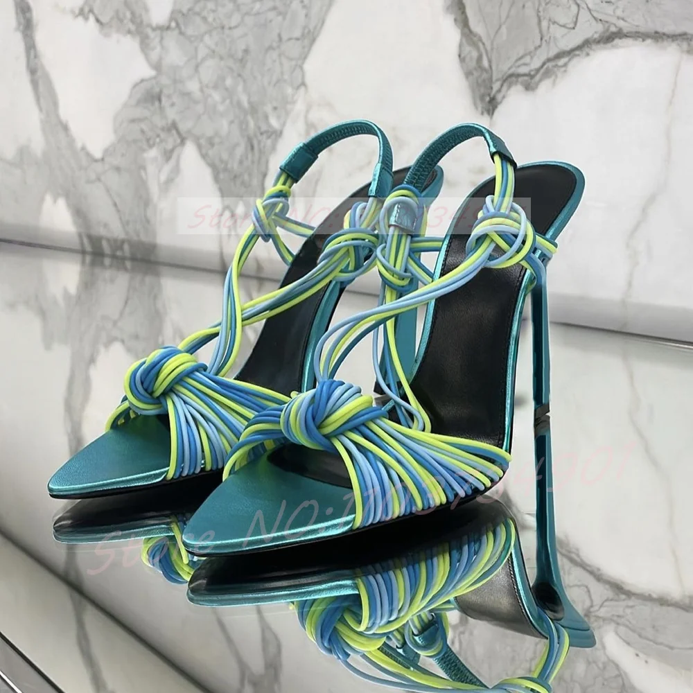Woven Knot Multi Strap Heeled Sandals Women Slingback Colorful Strappy Satin Pointed Toe Shoes Lady Stylish High Heels Sandals
